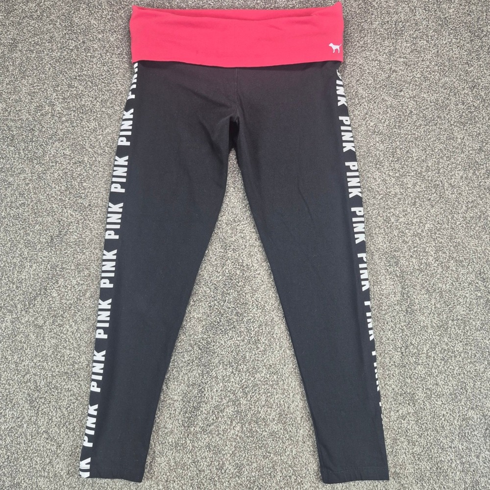 PINK Victoria's Secret Fold Over Yoga Leggings Womens Medium Black Cropped